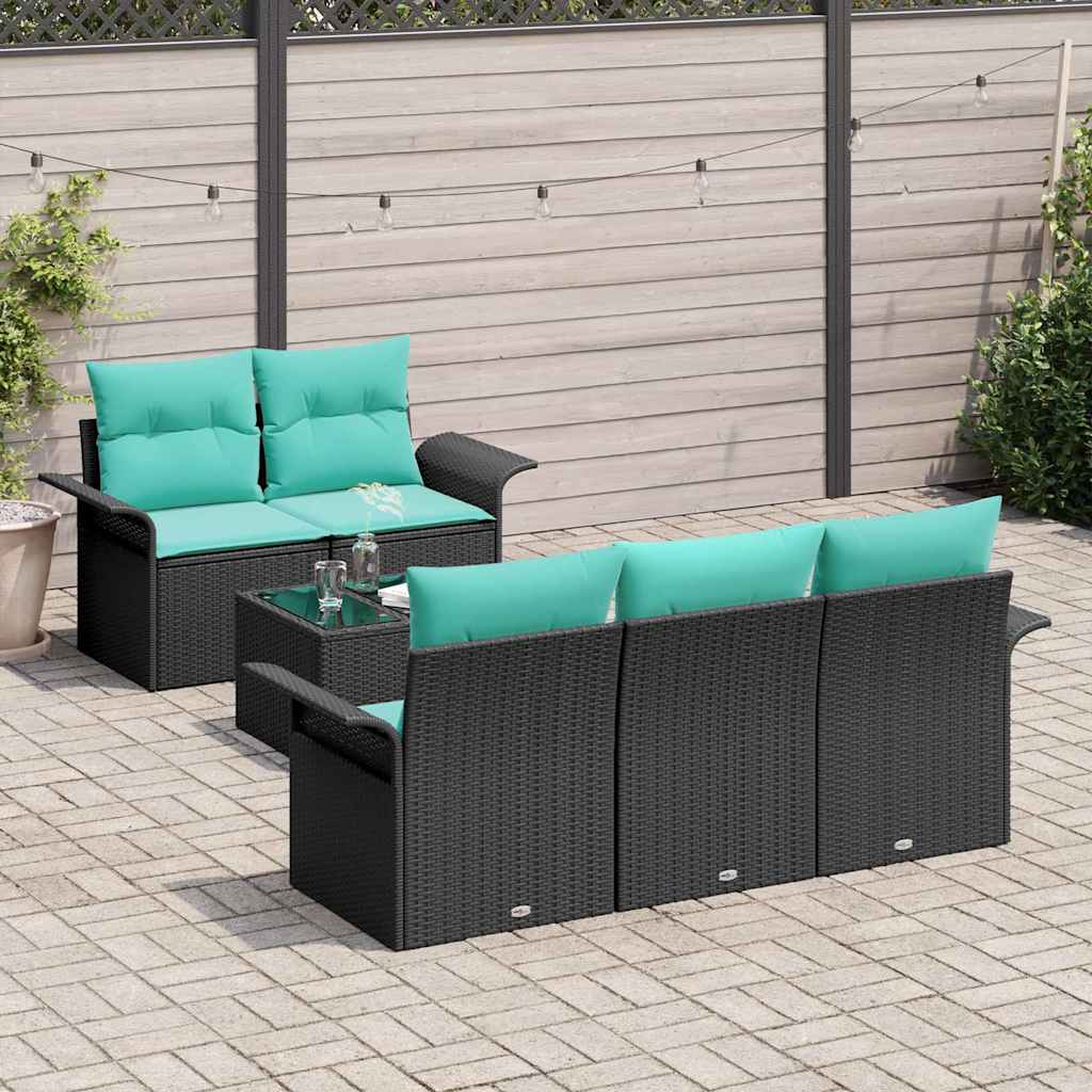 Gartensofa-set mit Kissen 6 pcs Schwarz und Türkis Poly-Rattan