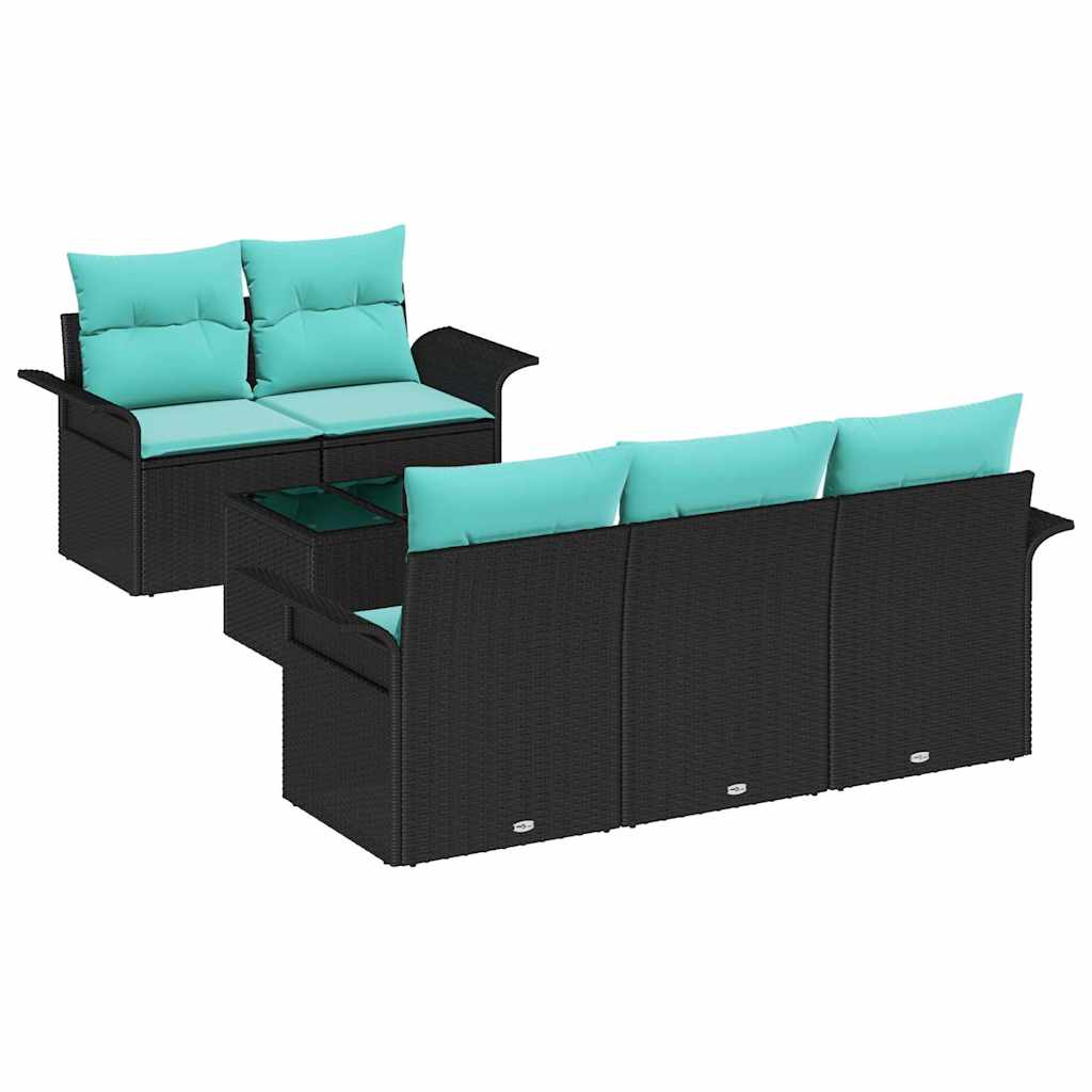 Gartensofa-set mit Kissen 6 pcs Schwarz und Türkis Poly-Rattan