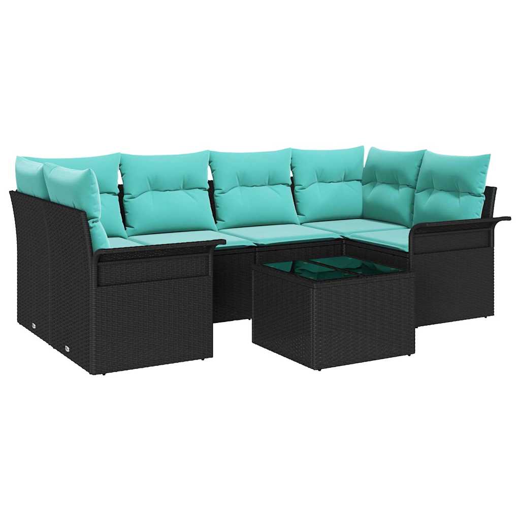 Gartensofa-set mit Kissen 7 pcs Schwarz und Türkis Poly-Rattan