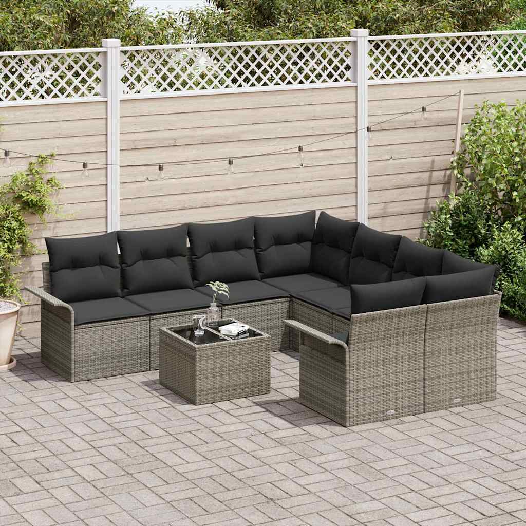 Gartensofa-set mit Kissen mit Speicher 9 pcs Grau Poly-Rattan