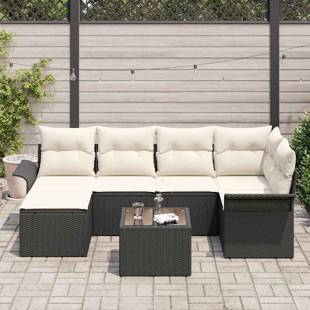 Gartensofa-set mit Speicher 7 pcs Schwarz Poly-Rattan