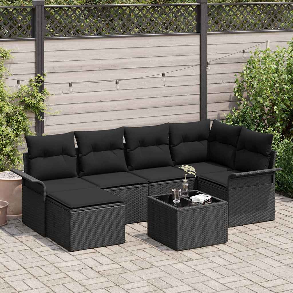 Gartensofa-set mit Speicher 7 pcs Schwarz Poly-Rattan