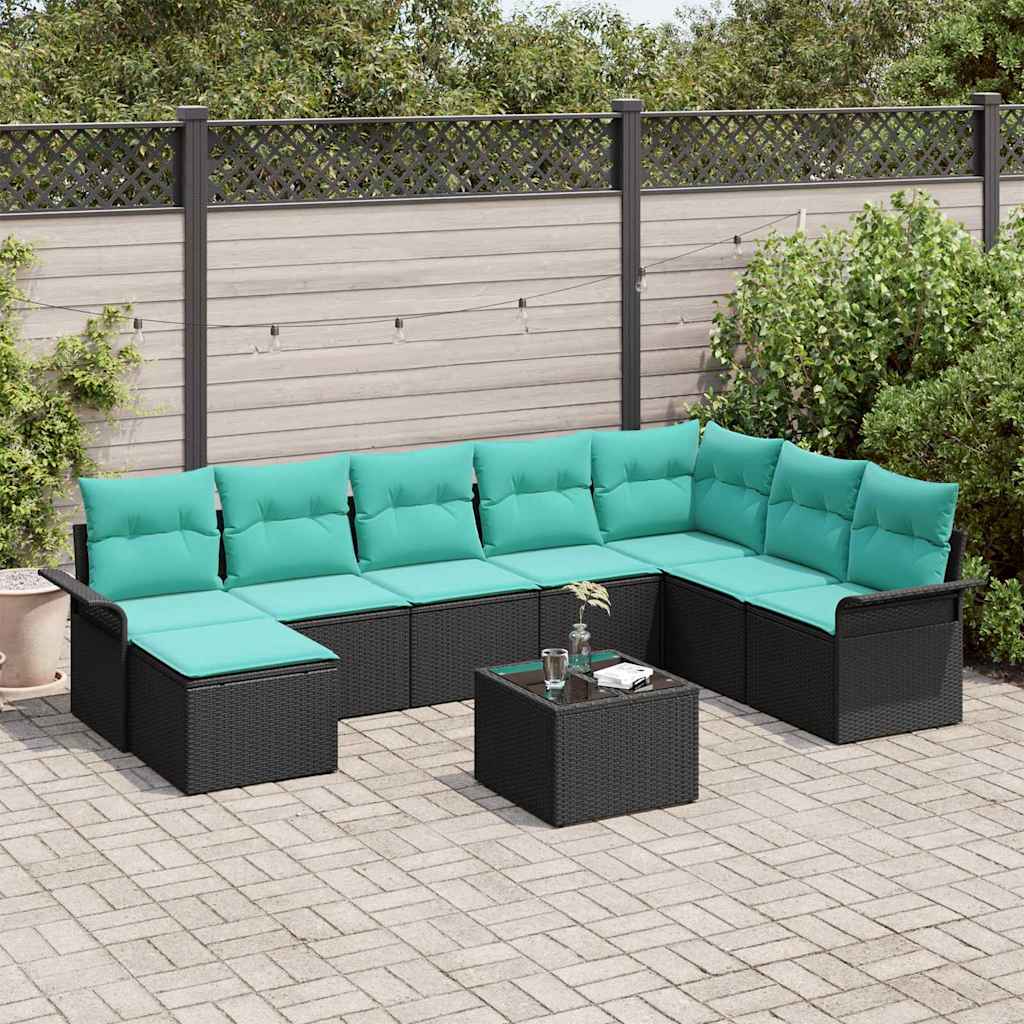 Garten-Sofa-Set mit Kissen 9 pcs Schwarz Poly Rattan