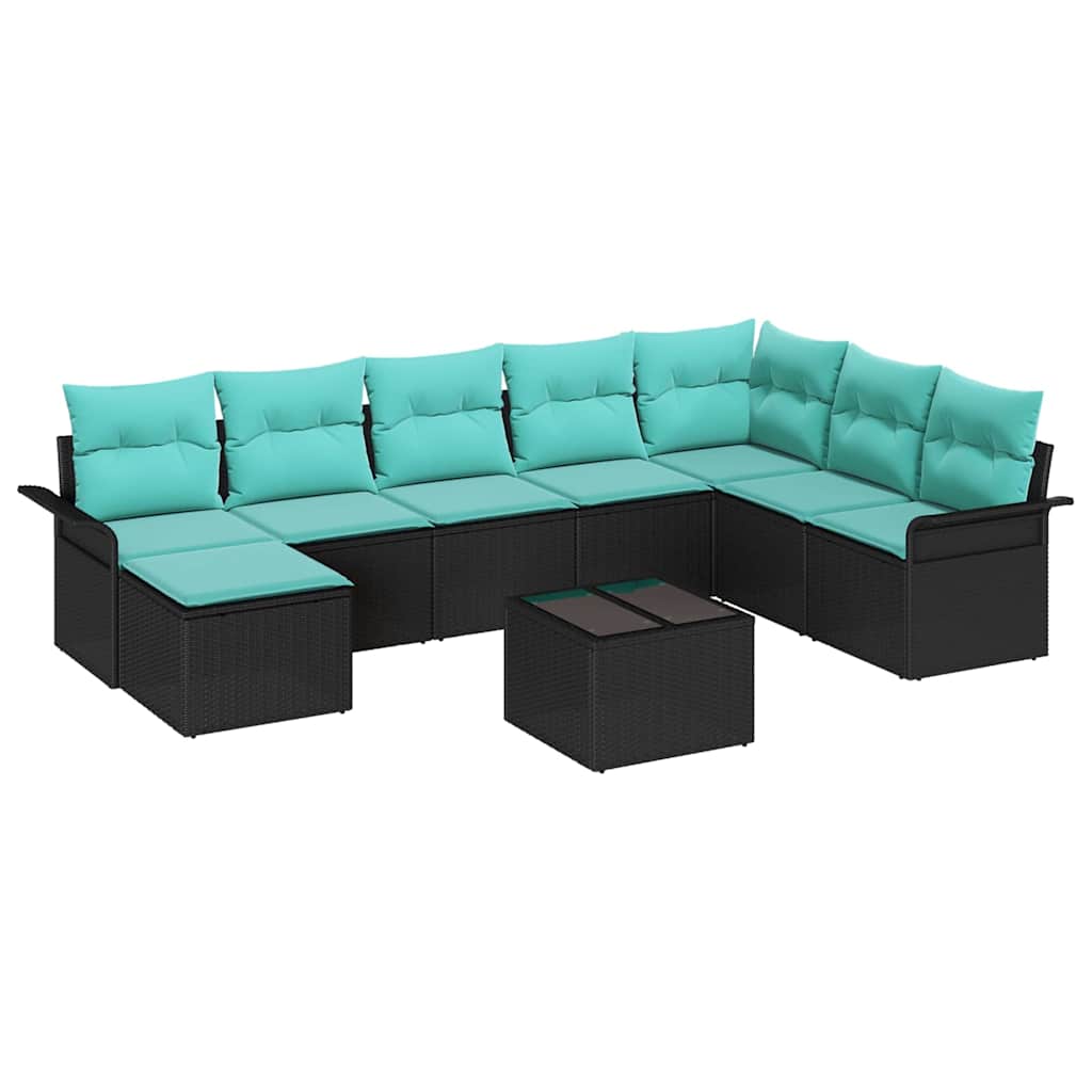 Garten-Sofa-Set mit Kissen 9 pcs Schwarz Poly Rattan