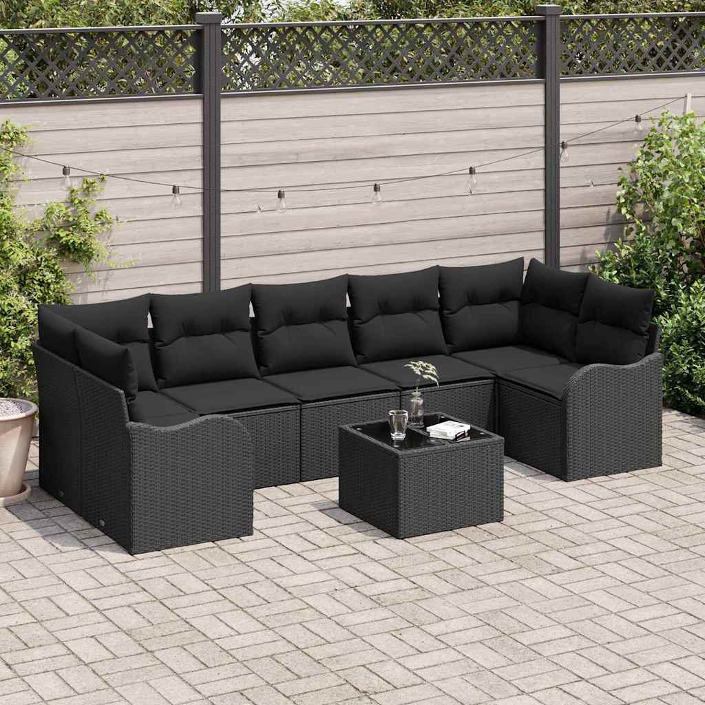 Gartensofa-set 8 pcs Schwarz Poly-Rattan und Stahl und Glas
