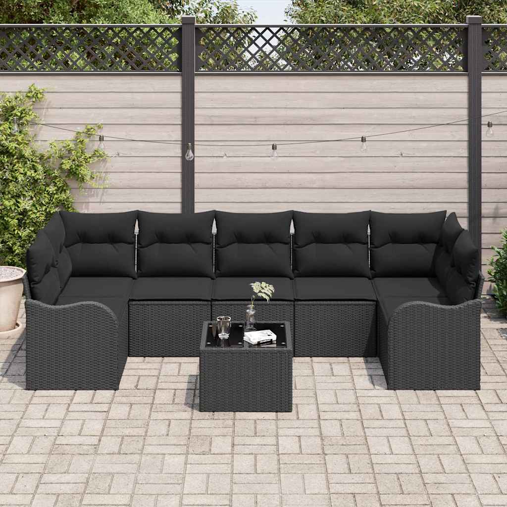 Gartensofa-set 8 pcs Schwarz Poly-Rattan und Stahl und Glas