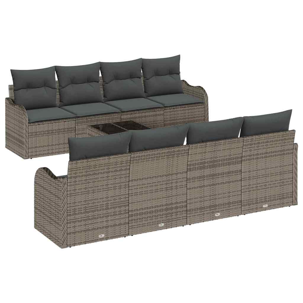 Gartensofa-set 9 pcs Grau Poly-Rattan und Stahl und Glas