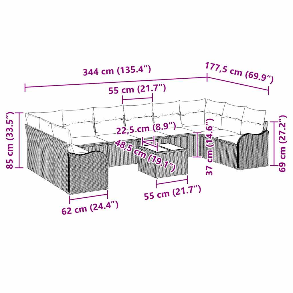 Gartensofa-set mit Speicher 11 pcs Hellgrau Poly-Rattan