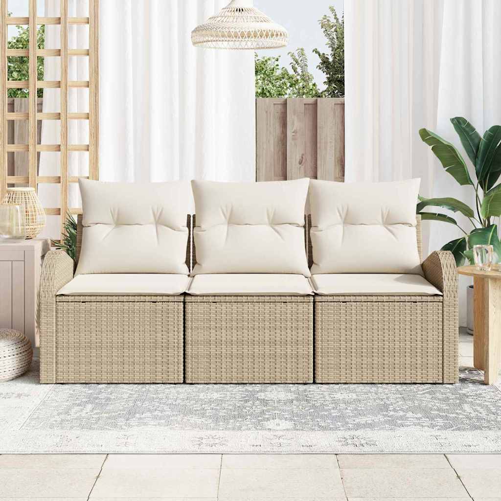 Garten-Sofa-Set mit Speicher 3 pcs Beige und Weiß Poly Rattan