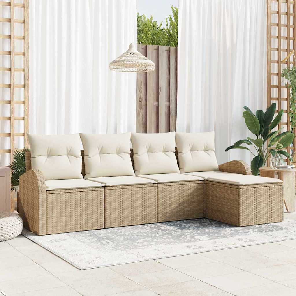 Sofa Set mit Kissen 5 pcs Beige und Weiß Poly-Rattan