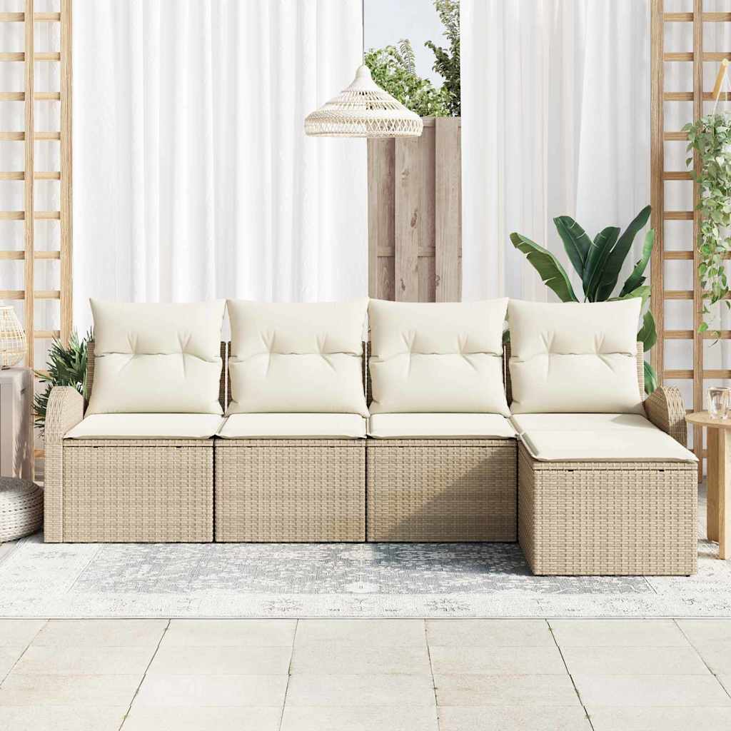 Sofa Set mit Kissen 5 pcs Beige und Weiß Poly-Rattan