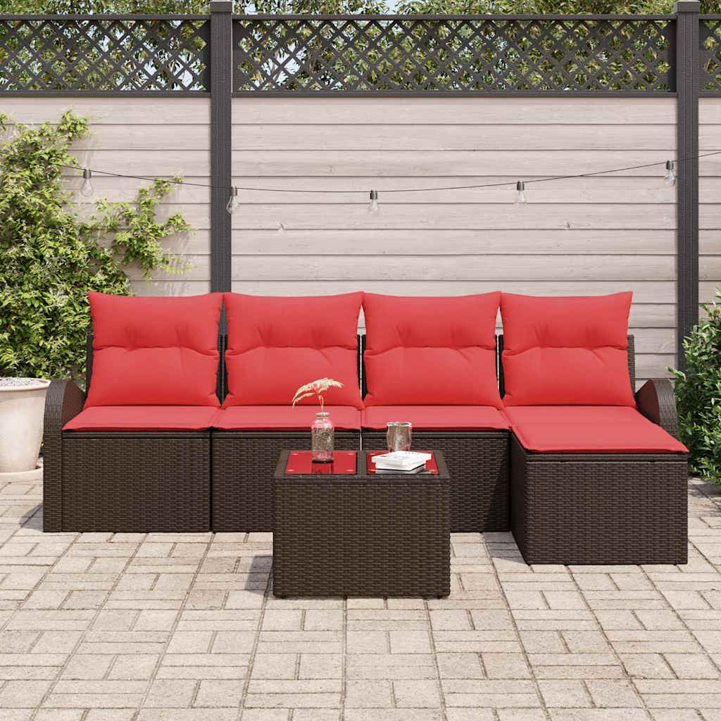 Sofa Set mit Kissen 6 pcs Braun und Rot Poly-Rattan
