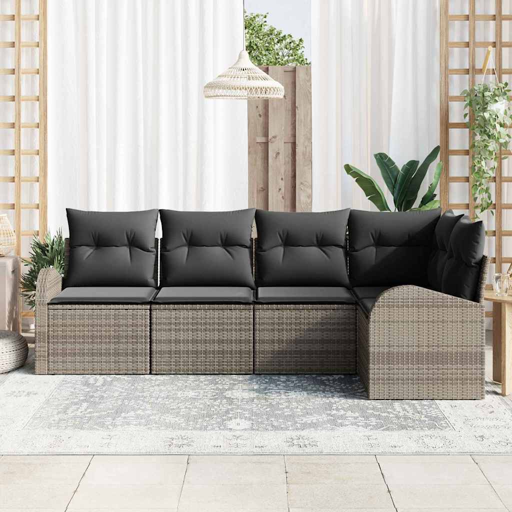 Gartensofa-set mit Kissen mit Speicher 5 pcs Grau Poly-Rattan