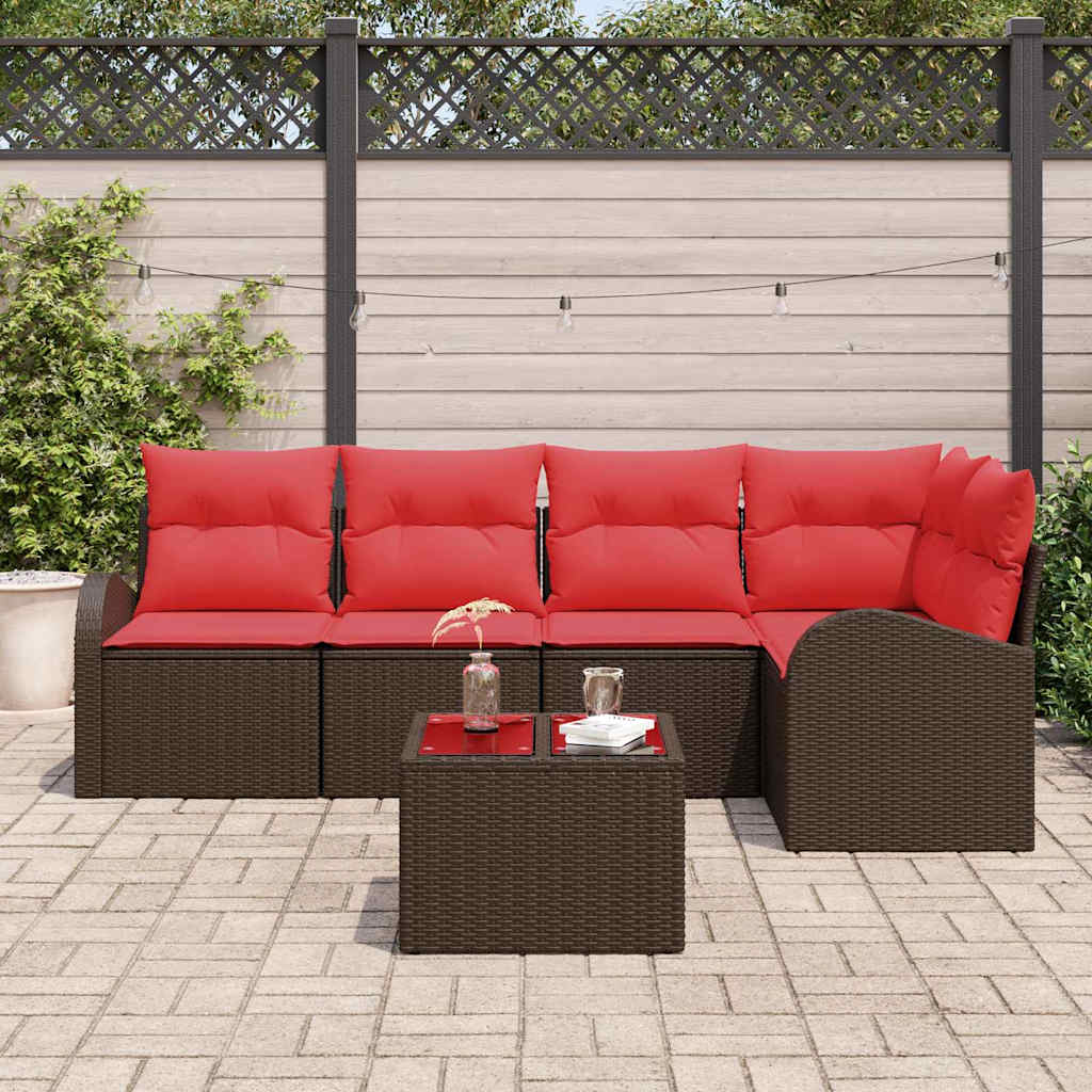 Gartensofa-set mit Kissen 6 pcs Braun und Rot Poly-Rattan