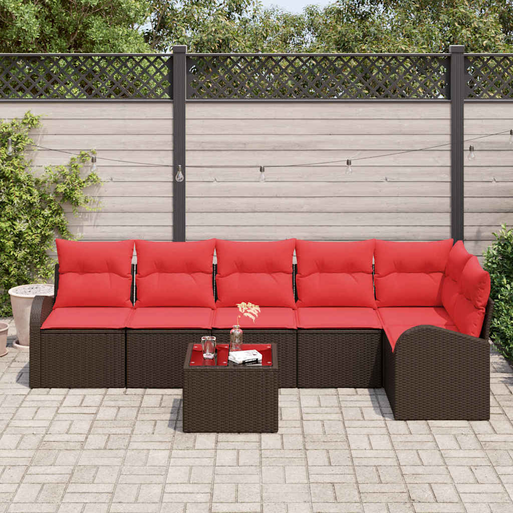 Gartensofa-set mit Kissen 7 pcs Braun und Rot Poly-Rattan