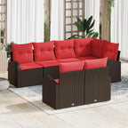 Garten-Sofa-Set mit Kissen 7 pcs Braun und Rot Poly-Rattan