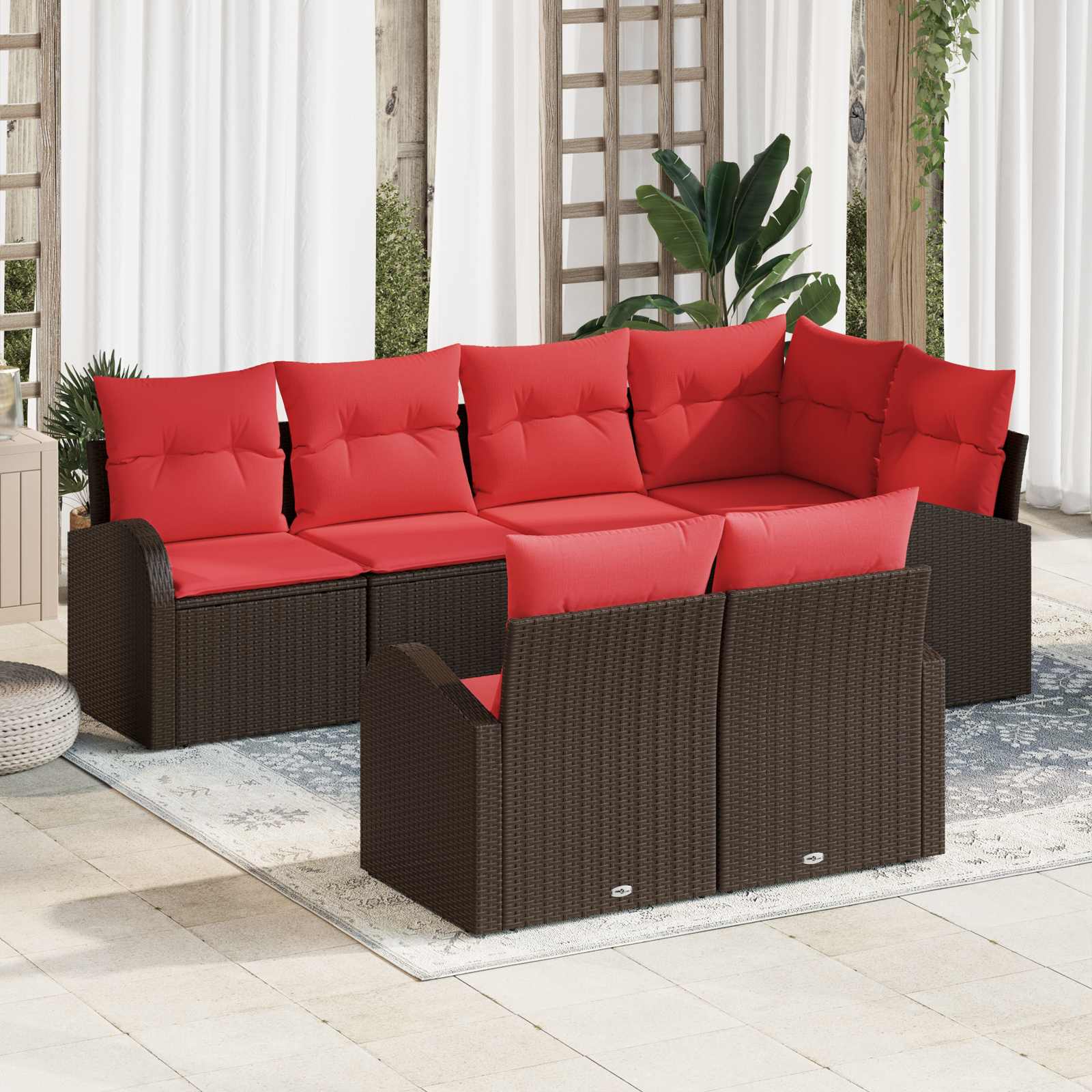 Garten-Sofa-Set mit Kissen 7 pcs Braun und Rot Poly-Rattan