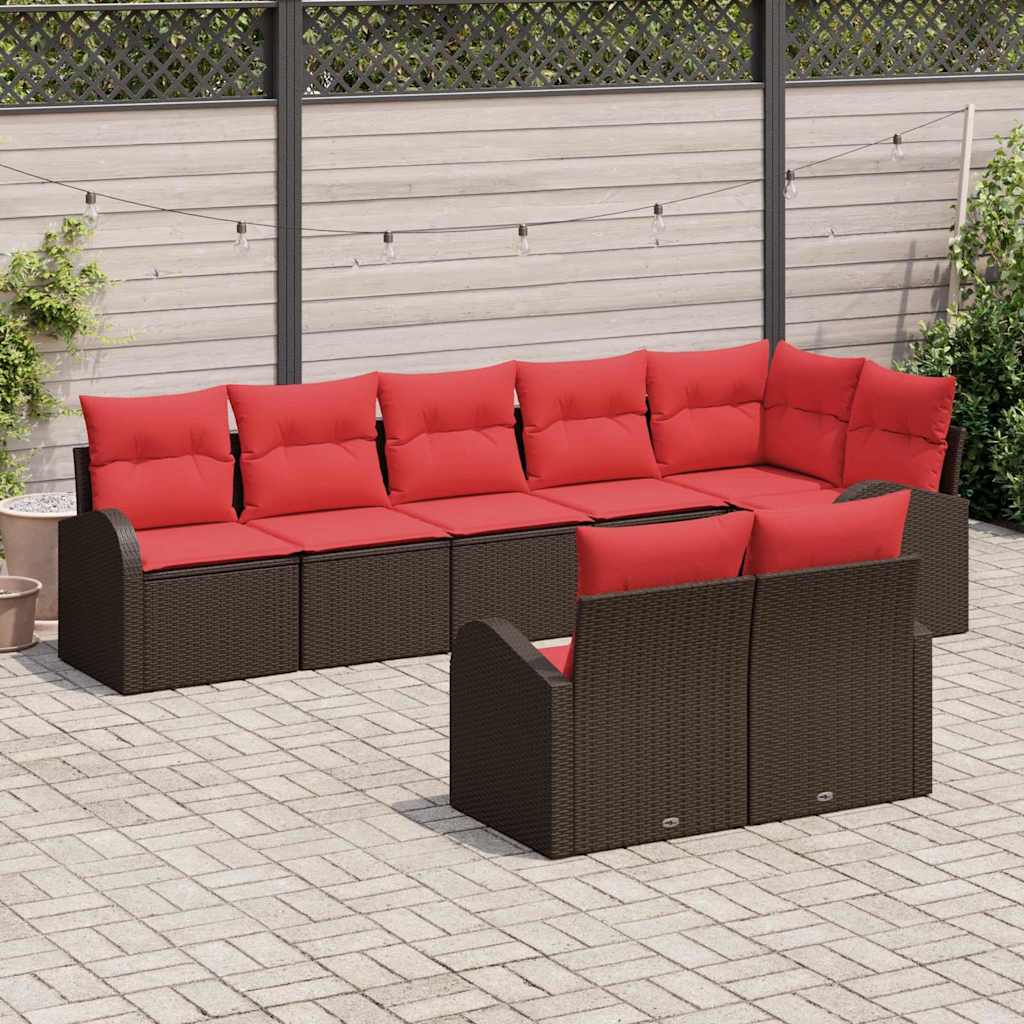 Gartensofa-set mit Kissen 8 pcs Braun und Rot Poly-Rattan