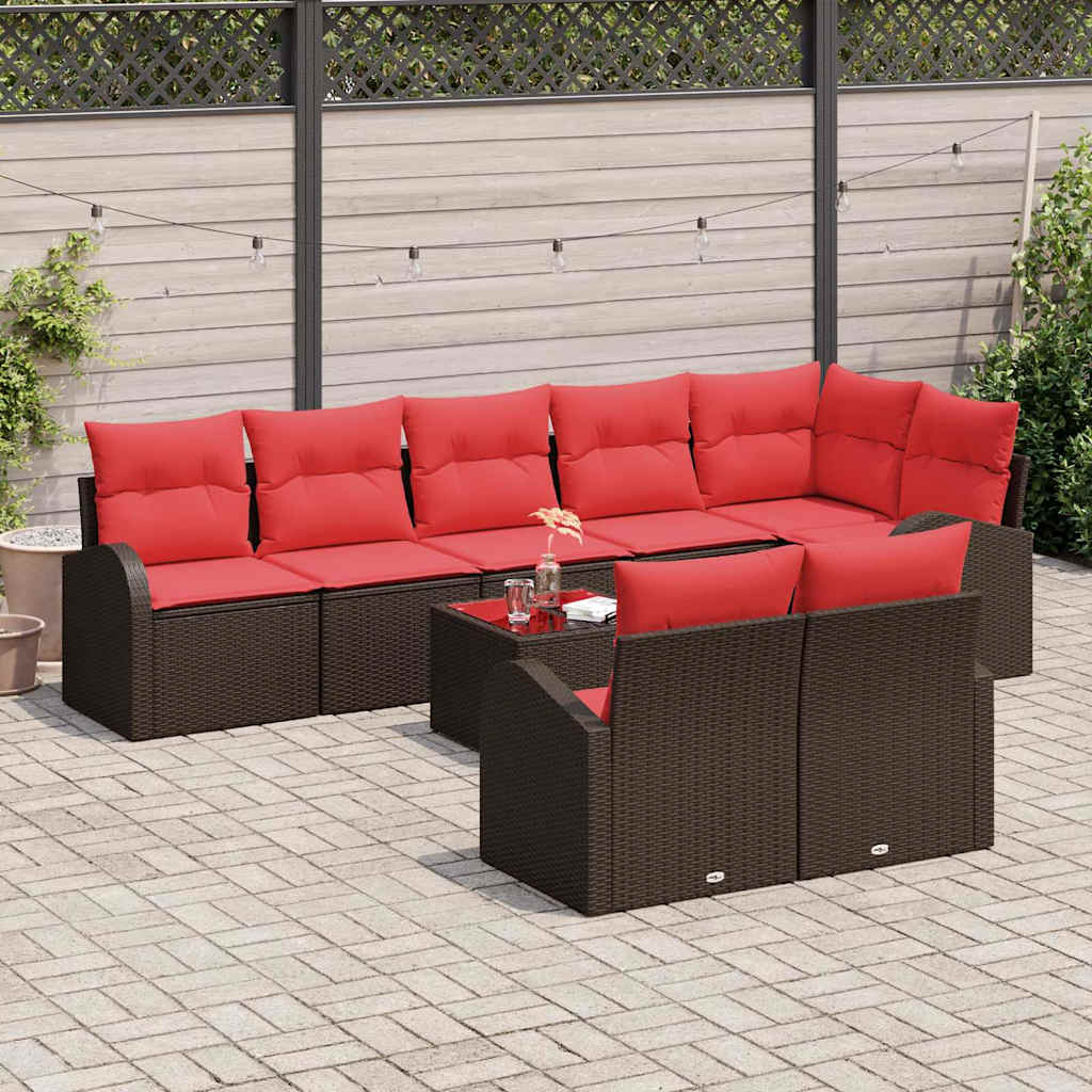 Gartensofa-set mit Kissen 9 pcs Braun und Rot Poly-Rattan