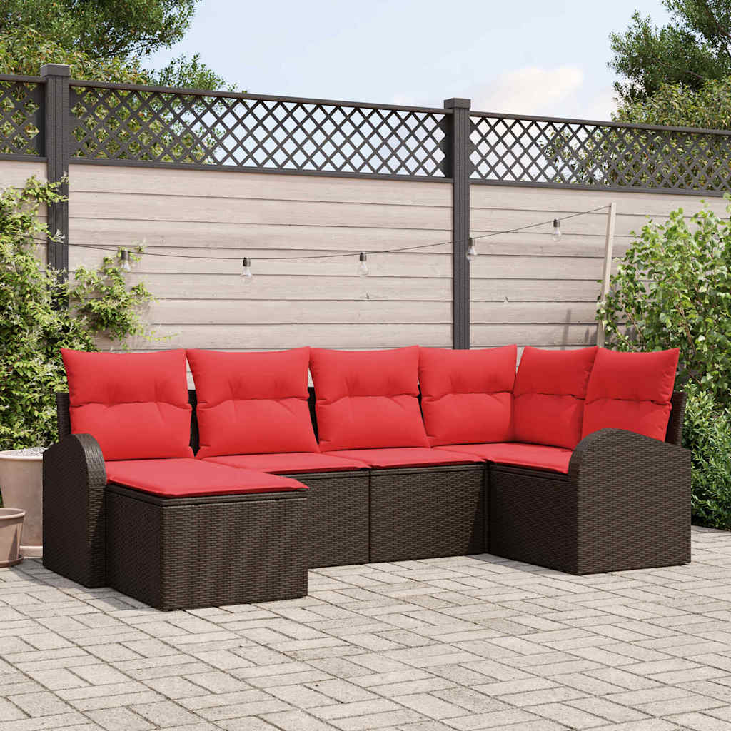 Sofa Set mit Kissen 6 pcs Braun und Rot Poly-Rattan