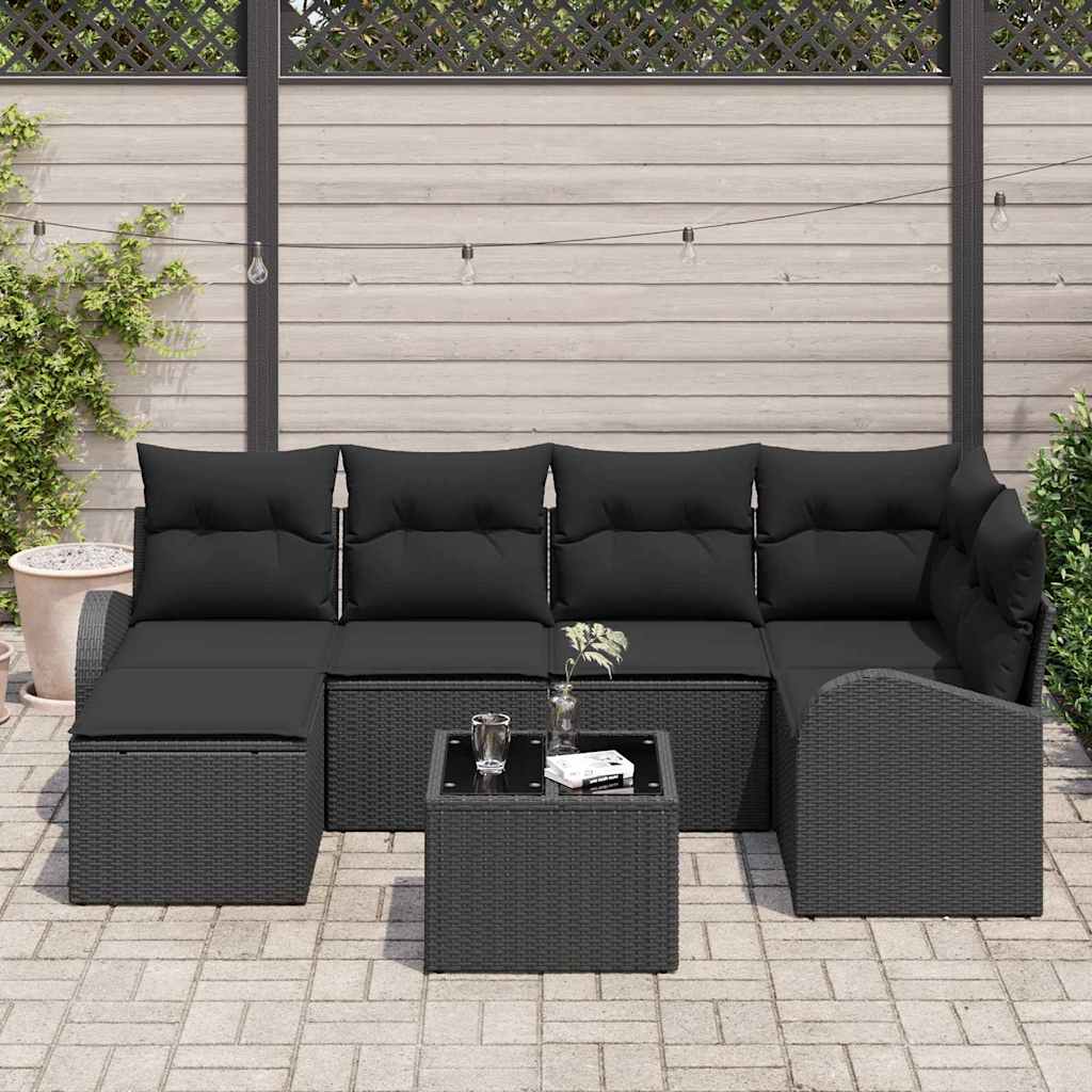 Sofa Set mit Kissen mit Speicher 7 pcs Schwarz Poly-Rattan