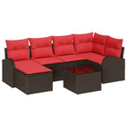 Sofa Set mit Kissen 7 pcs Braun und Rot Poly-Rattan