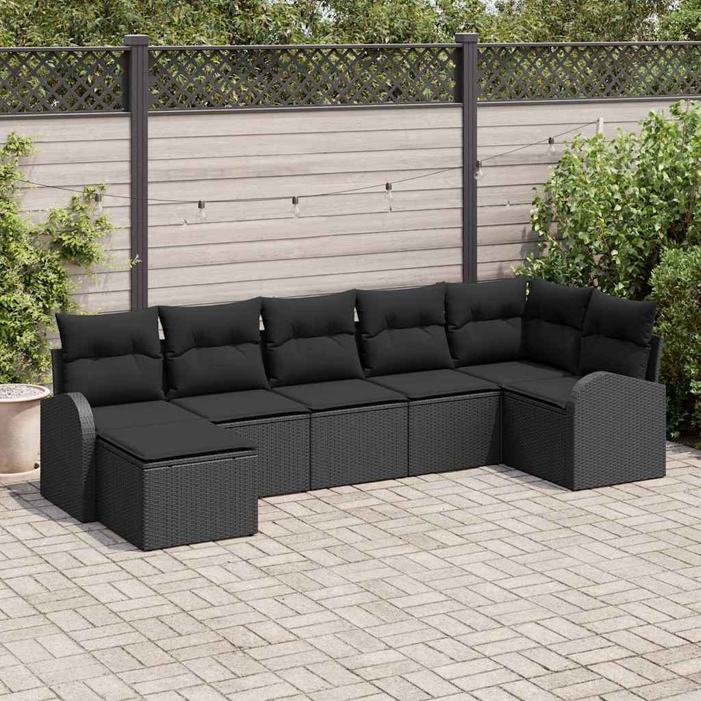 Sofa Set mit Kissen mit Speicher 7 pcs Schwarz Poly-Rattan