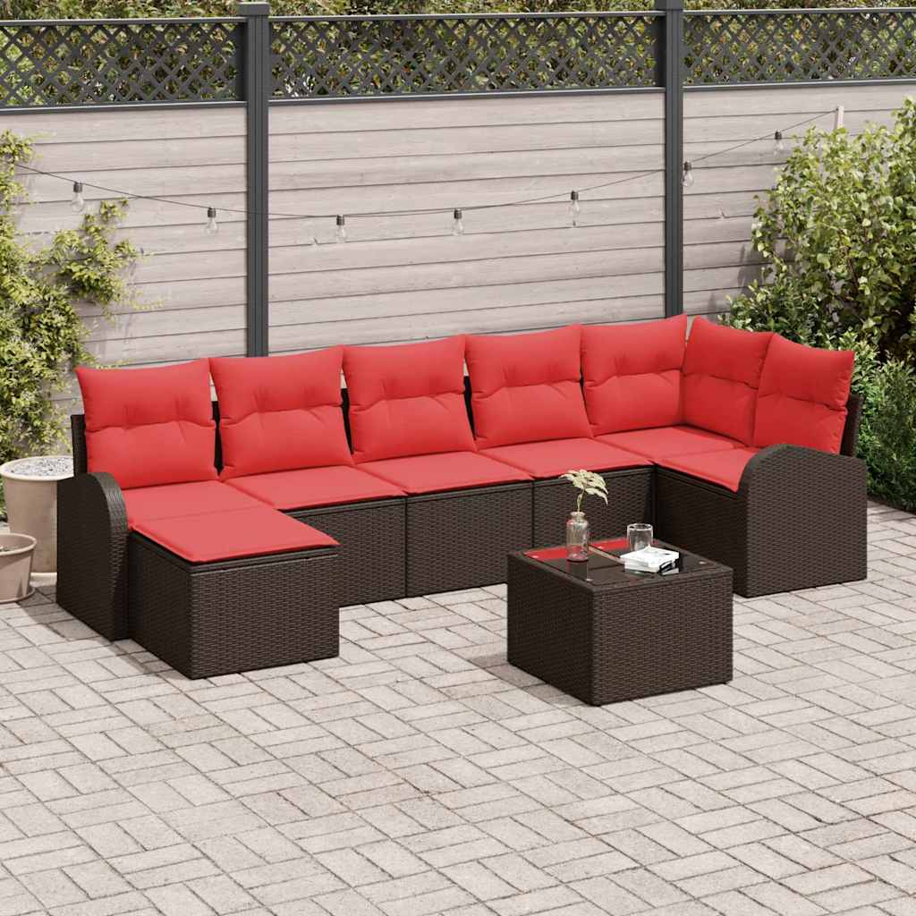 Sofa Set mit Kissen 8 pcs Braun und Rot Poly-Rattan