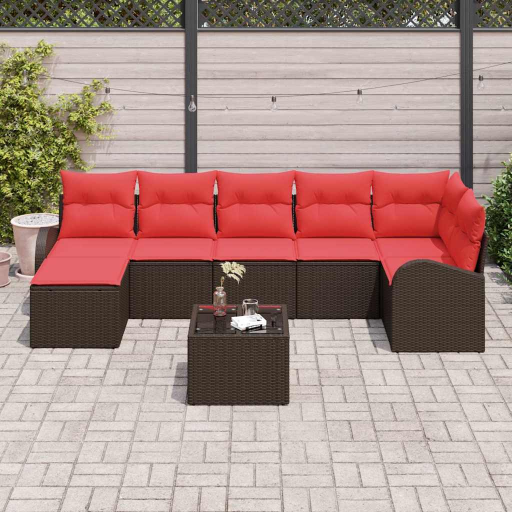 Sofa Set mit Kissen 8 pcs Braun und Rot Poly-Rattan
