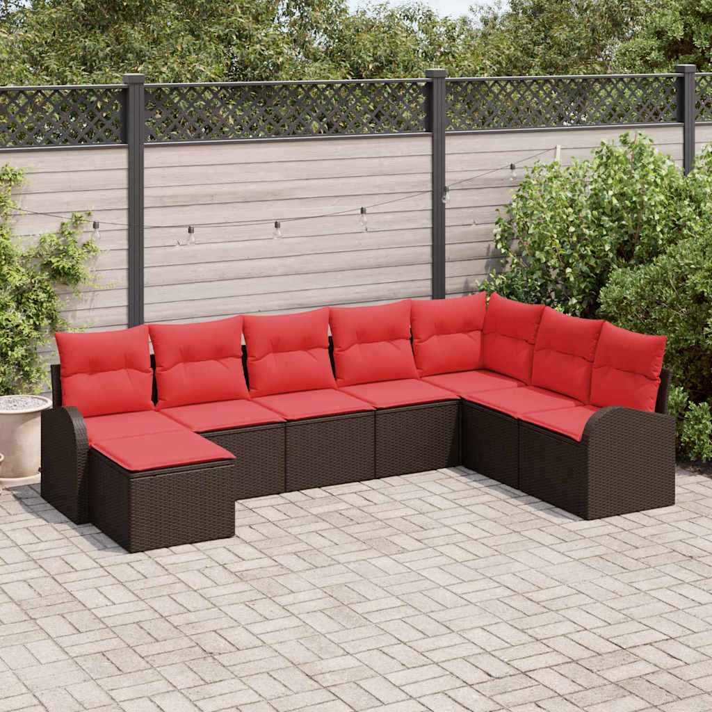 Sofa Set mit Kissen 8 pcs Braun und Rot Poly-Rattan
