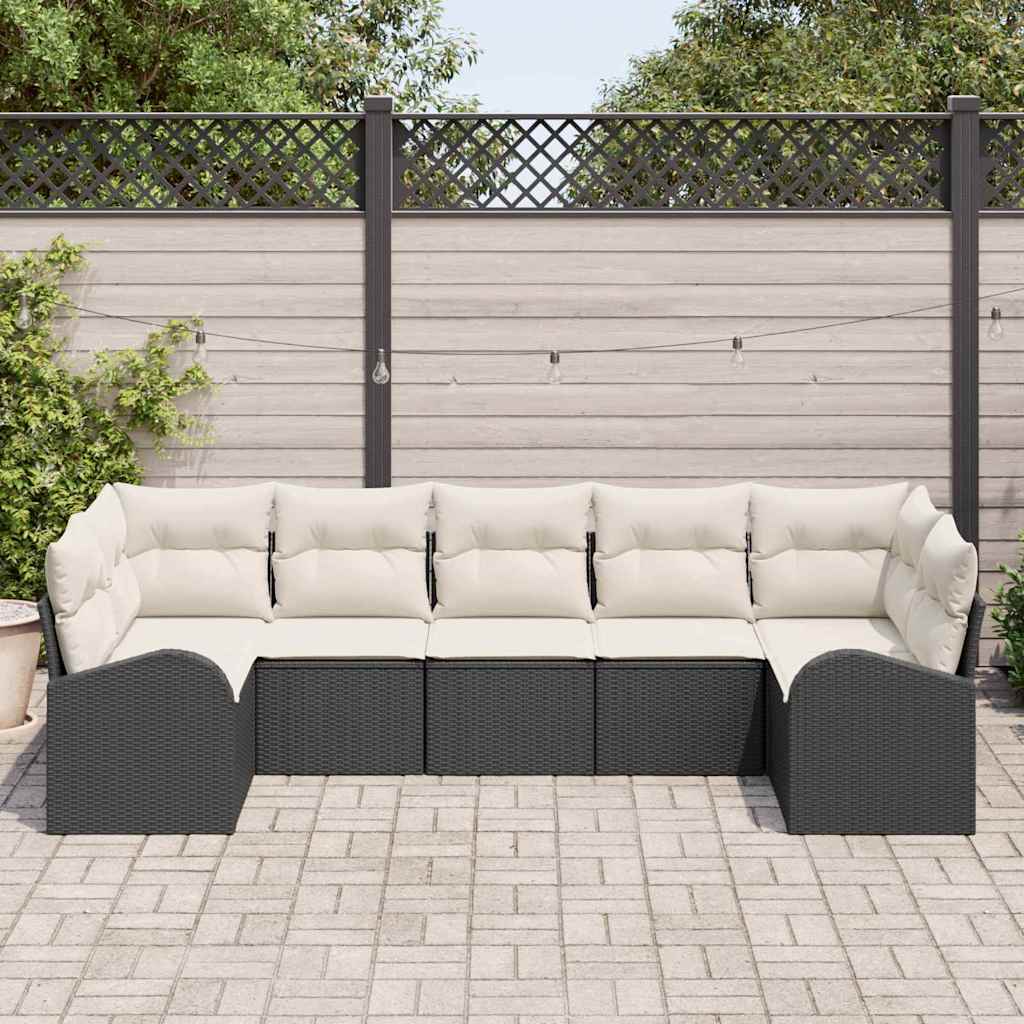 Gartensofa-set mit Kissen 7 pcs Schwarz und Weiß Poly-Rattan