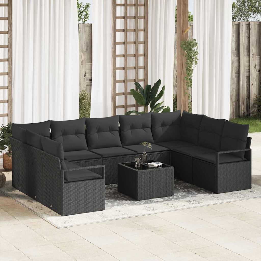 Gartensofa-set mit Kissen 10 pcs Schwarz Poly-Rattan