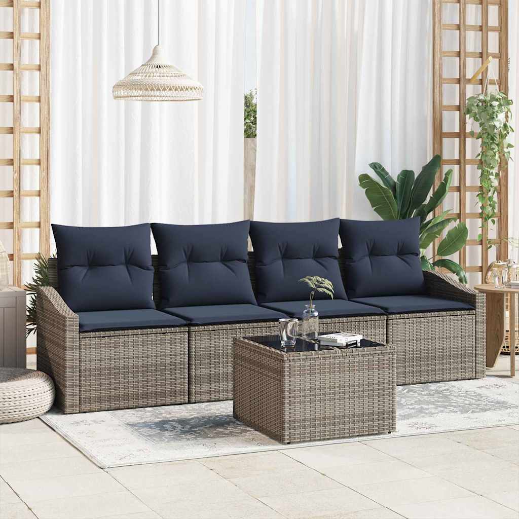 Sofa Set mit Kissen 5 pcs Grau und Marineblau Poly-Rattan