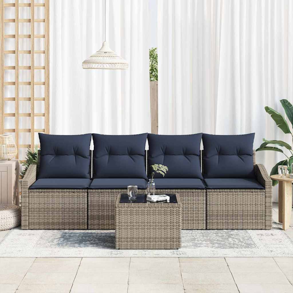 Sofa Set mit Kissen 5 pcs Grau und Marineblau Poly-Rattan