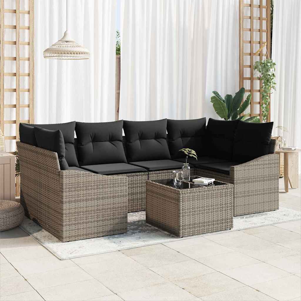Sofa Set mit Kissen mit Speicher 7 pcs Grau Poly-Rattan