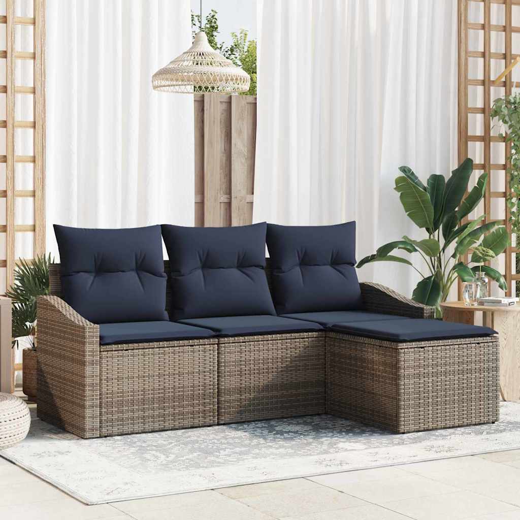 Sofa Set mit Kissen 4 pcs Grau und Marineblau Poly-Rattan
