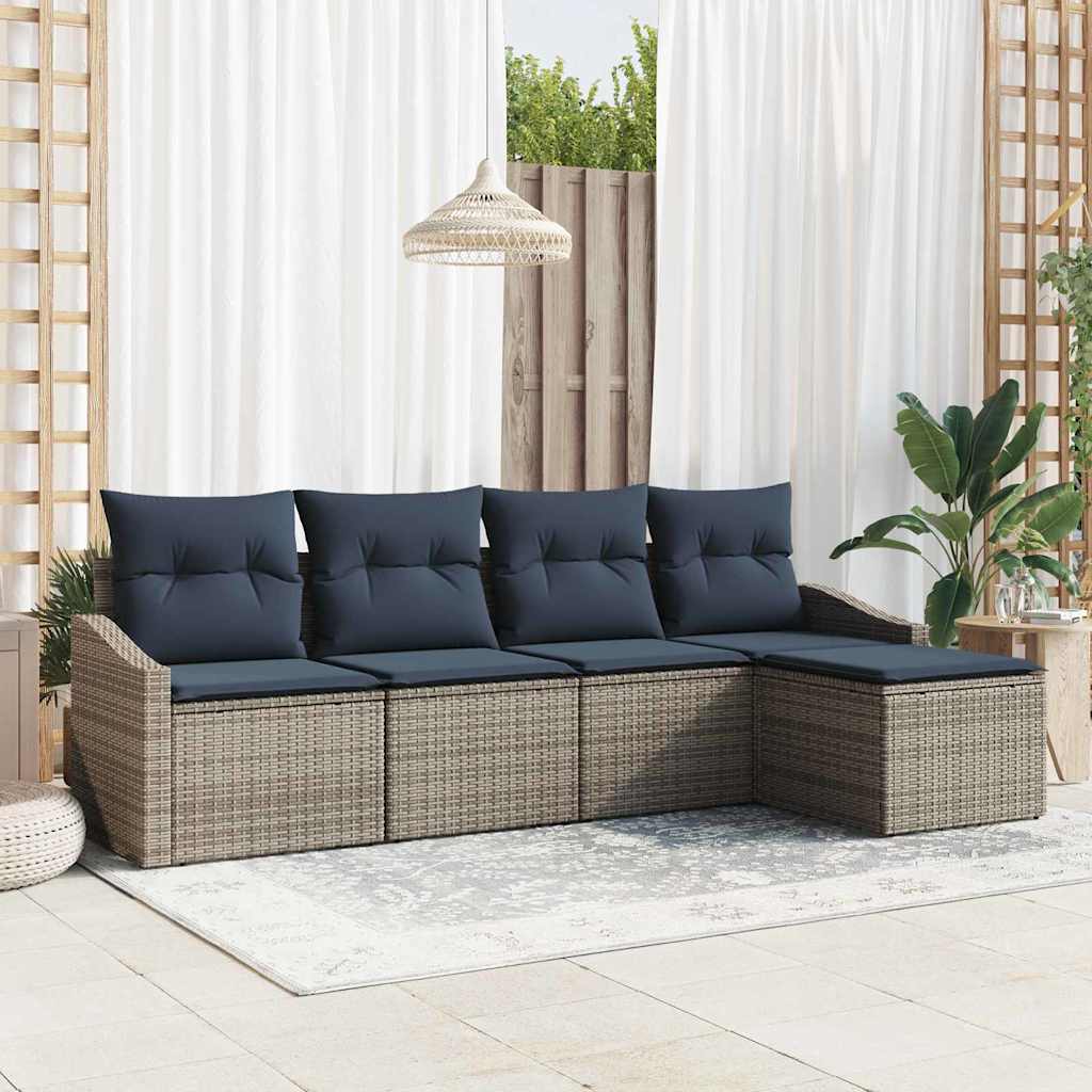 Sofa Set mit Kissen 5 pcs Grau und Marineblau Poly-Rattan