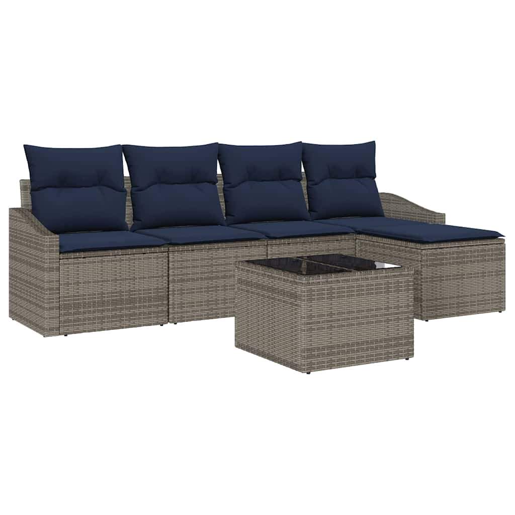 Sofa Set mit Kissen 6 pcs Grau und Marineblau Poly-Rattan