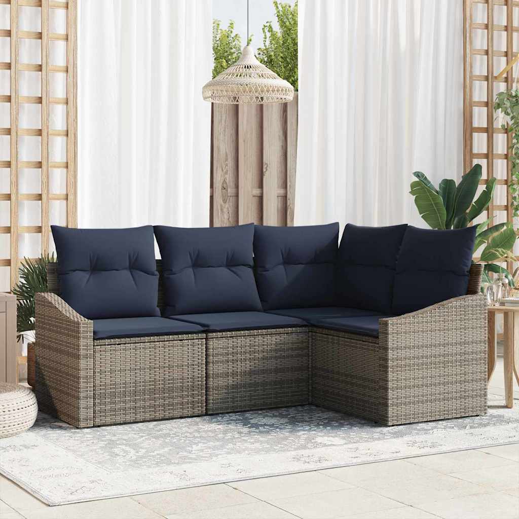 Gartensofa-set mit Kissen 4 pcs Grau und Marineblau Poly-Rattan