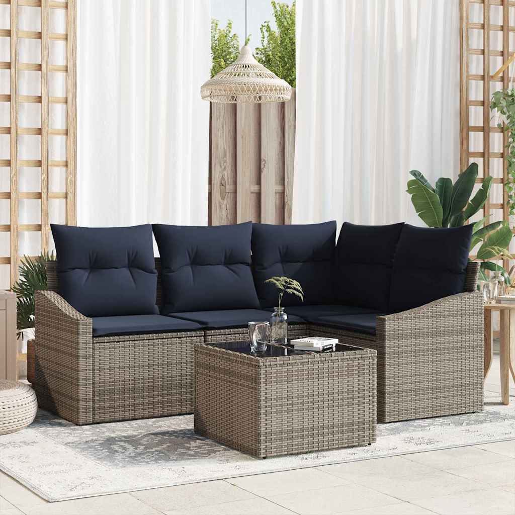Gartensofa-set mit Kissen 5 pcs Grau und Marineblau Poly-Rattan