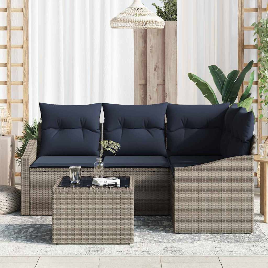 Gartensofa-set mit Kissen 5 pcs Grau und Marineblau Poly-Rattan