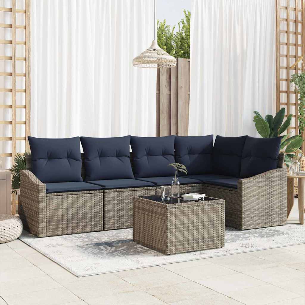 Gartensofa-set mit Kissen 6 pcs Grau und Marineblau Poly-Rattan