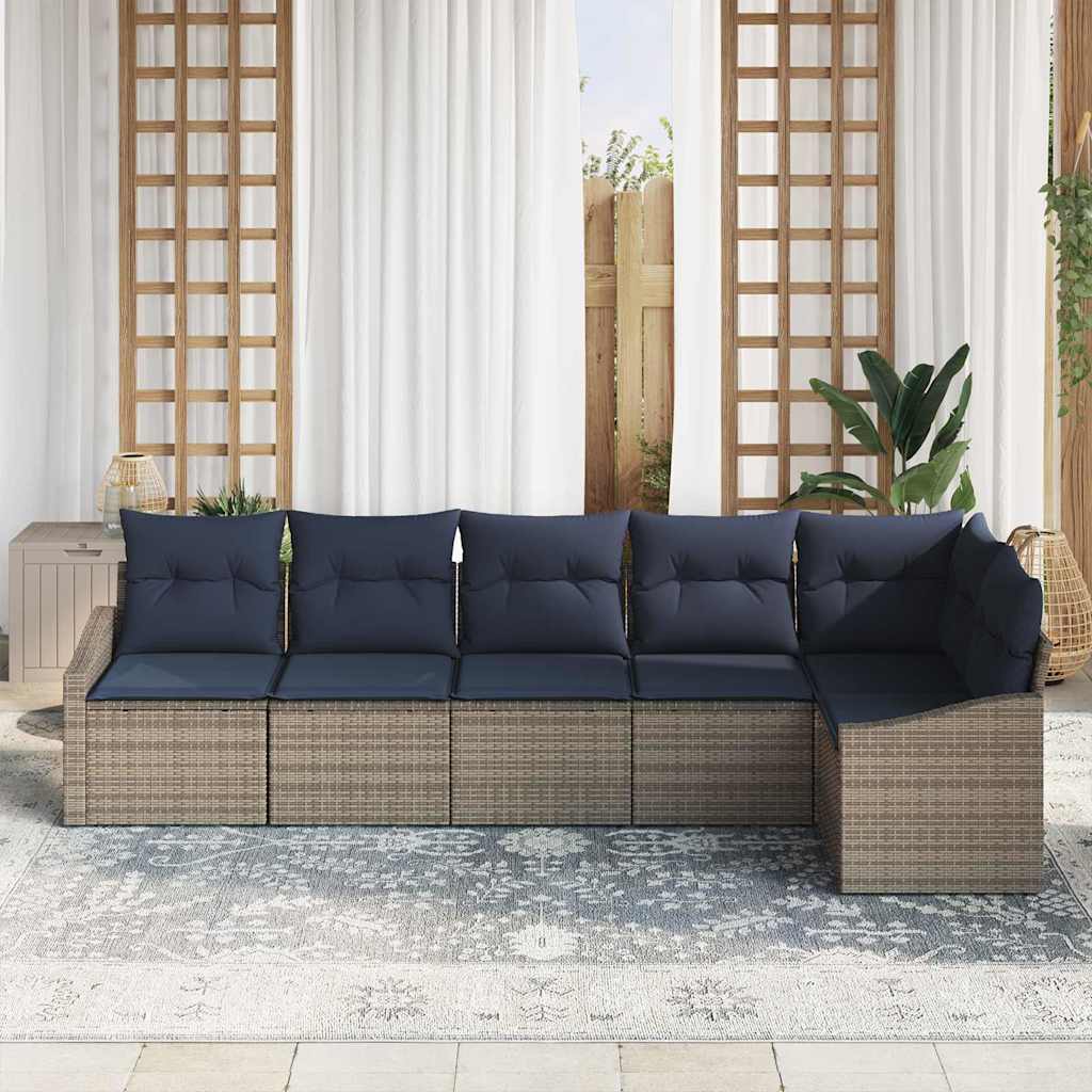 Gartensofa-set mit Kissen 6 pcs Grau und Marineblau Poly-Rattan