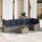 Gartensofa-set mit Kissen 7 pcs Grau und Marineblau Poly-Rattan