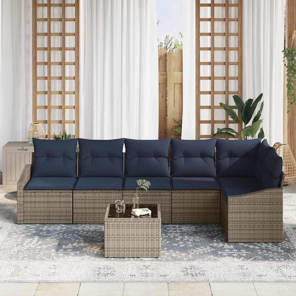 Gartensofa-set mit Kissen 7 pcs Grau und Marineblau Poly-Rattan