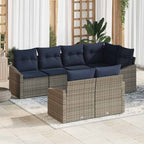 Gartensofa-set mit Kissen 7 pcs Grau und Marineblau Poly-Rattan