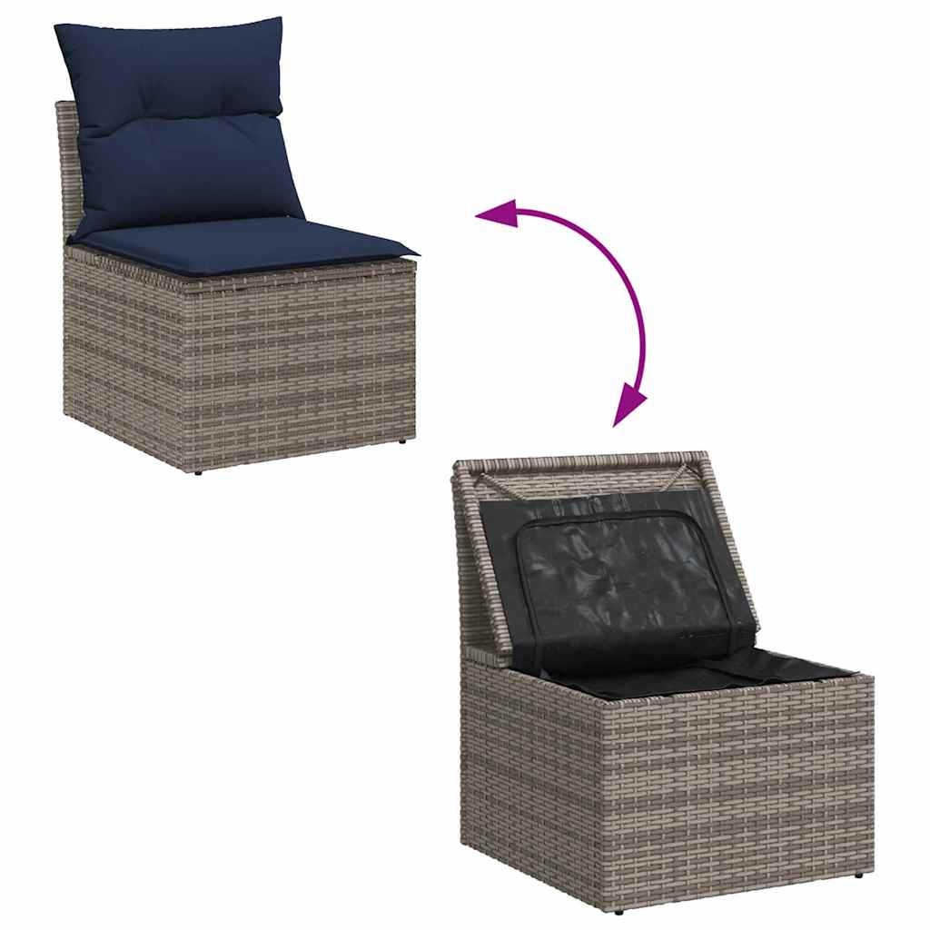 Gartensofa-set mit Kissen 7 pcs Grau und Marineblau Poly-Rattan
