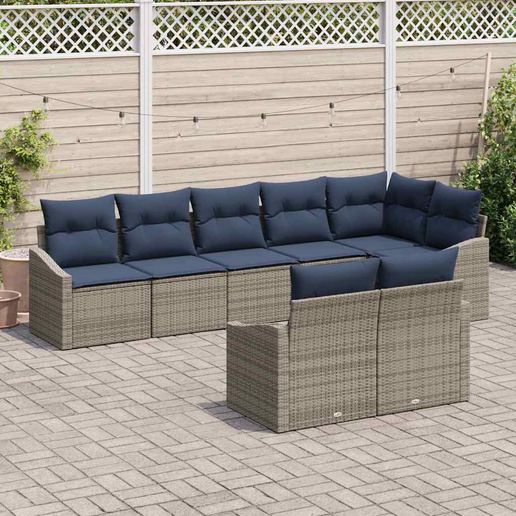 Gartensofa-set mit Kissen 8 pcs Grau und Marineblau Poly-Rattan