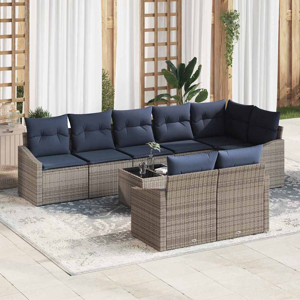 Gartensofa-set mit Kissen 9 pcs Grau und Marineblau Poly-Rattan