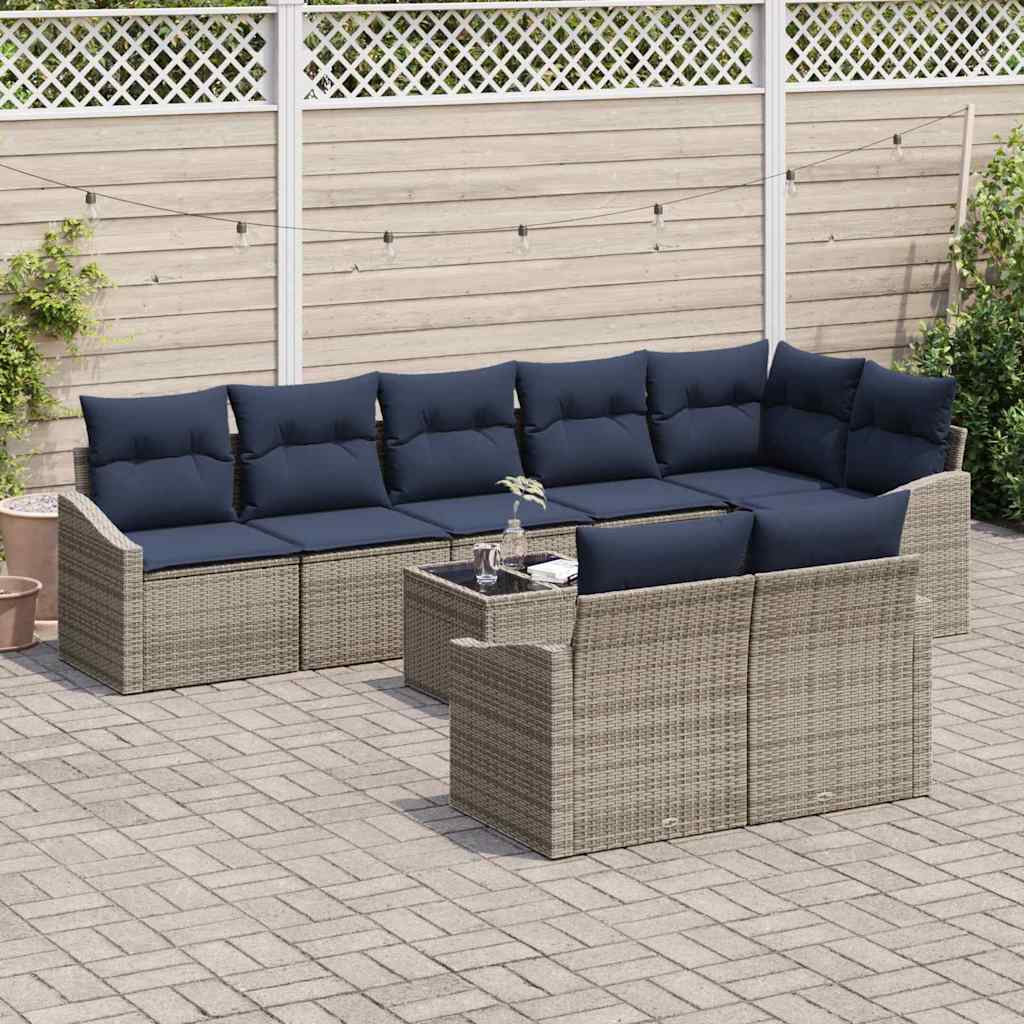 Gartensofa-set mit Kissen 9 pcs Grau und Marineblau Poly-Rattan